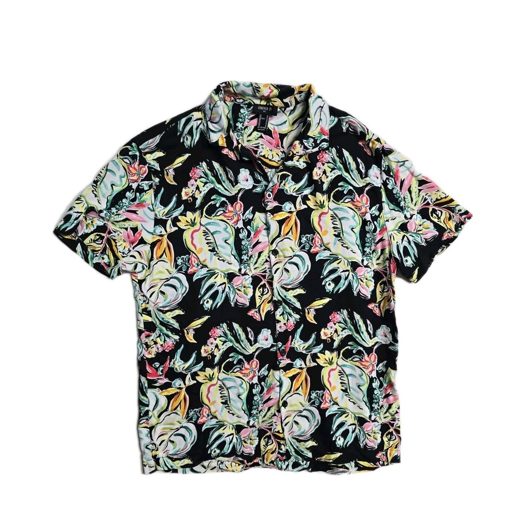 Forever‎ 21 Men's  Button Down Shirt M Floral  Summer Rayon Black
